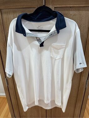 Nike White Polo with Navy Collar and Pocket - Men's